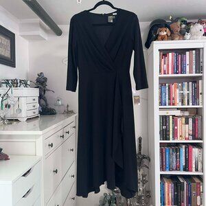 Taylor Black Crossover Front Tea-Length 3/4 Sleeve Dress with Asymmetrical Hem